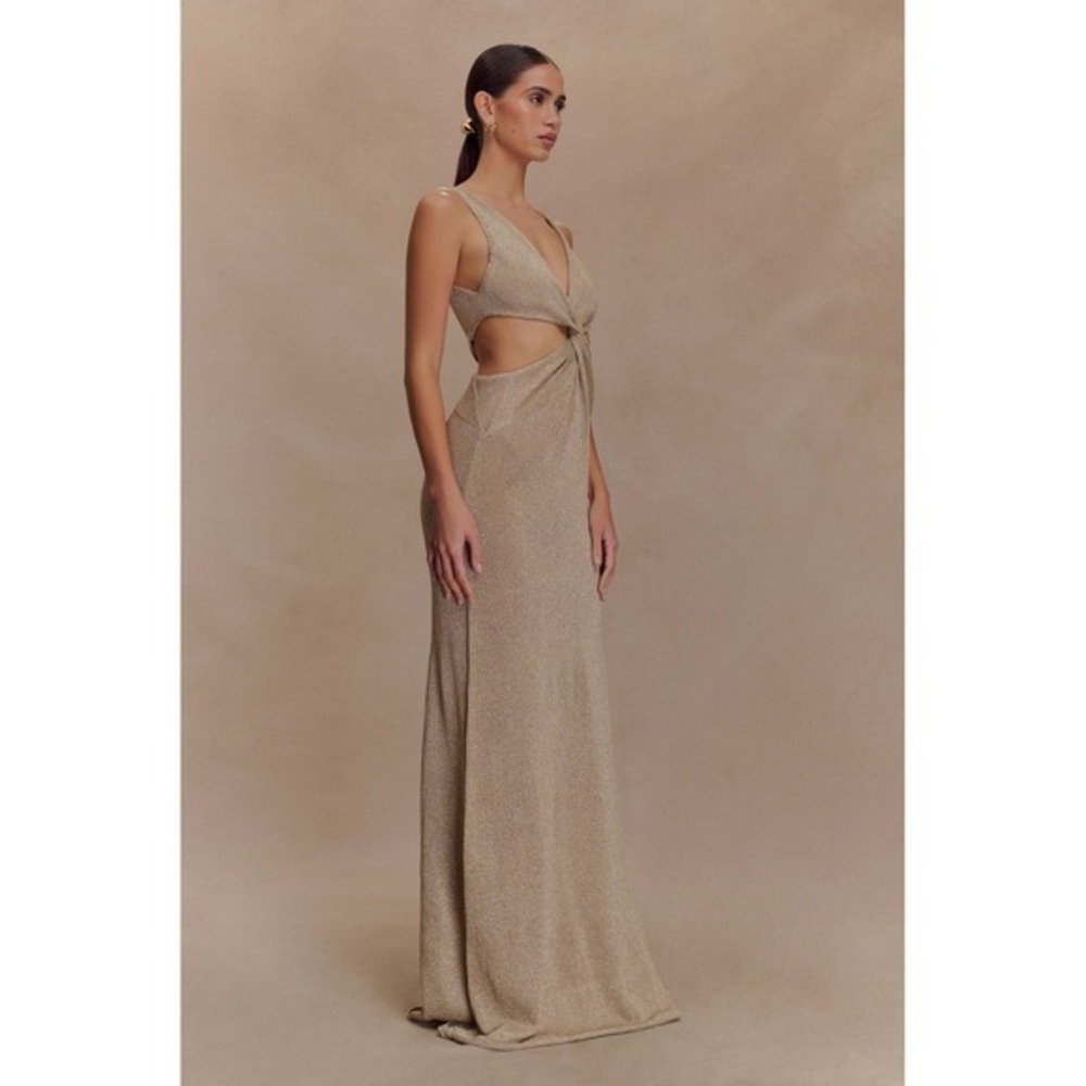 MESHKI Gracelyn Gold Metallic Knit Twist Cut Out Maxi Dress Size XXS‎ NWT